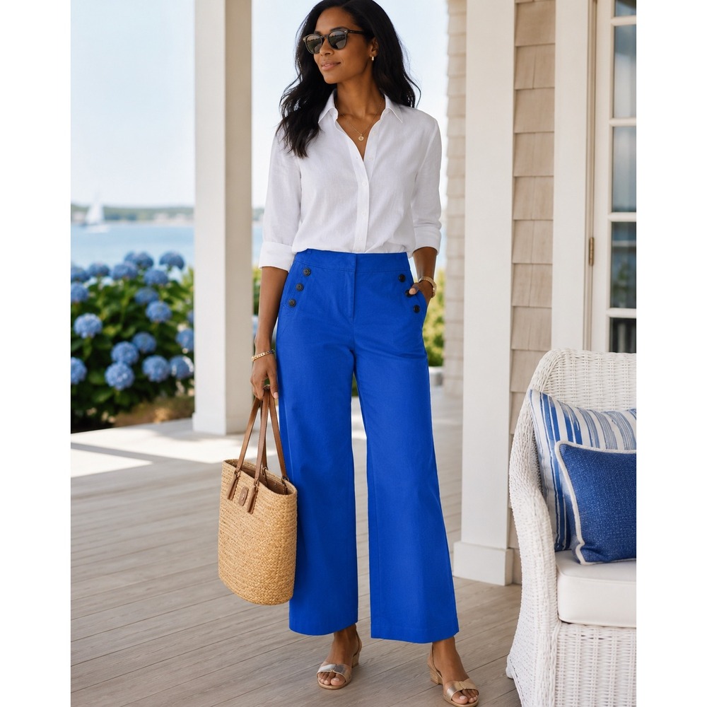 Loft Women's Blue Sailor Wide Leg Pants Size 10 Nautical Button Trouser Coastal